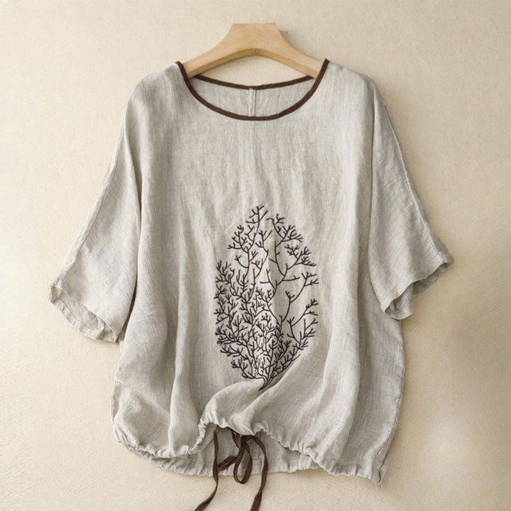 Maglietta da donna in cotone e lino con scollo a giro e coulisse, casual, con ricamo Buddha Stones Tree