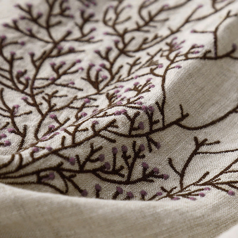 Maglietta da donna in cotone e lino con scollo a giro e coulisse, casual, con ricamo Buddha Stones Tree