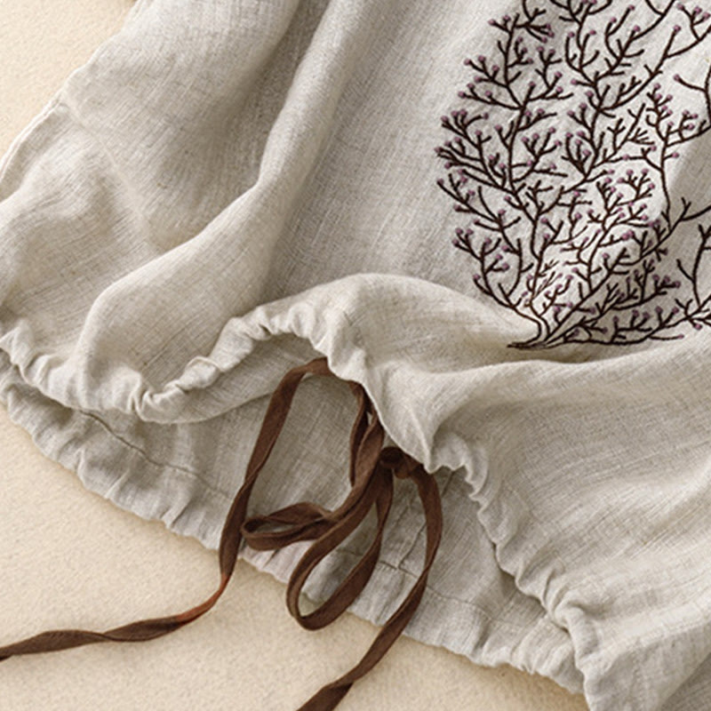 Maglietta da donna in cotone e lino con scollo a giro e coulisse, casual, con ricamo Buddha Stones Tree