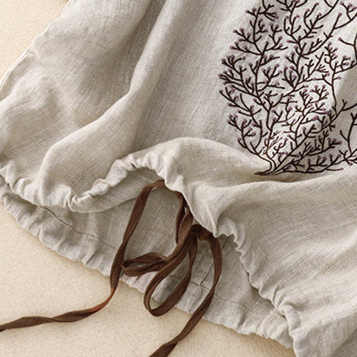 Maglietta da donna in cotone e lino con scollo a giro e coulisse, casual, con ricamo Buddha Stones Tree