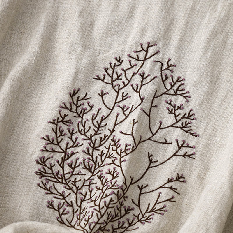 Maglietta da donna in cotone e lino con scollo a giro e coulisse, casual, con ricamo Buddha Stones Tree