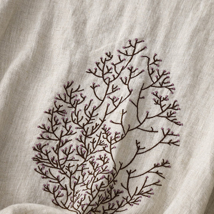 Maglietta da donna in cotone e lino con scollo a giro e coulisse, casual, con ricamo Buddha Stones Tree