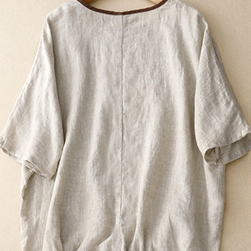 Maglietta da donna in cotone e lino con scollo a giro e coulisse, casual, con ricamo Buddha Stones Tree