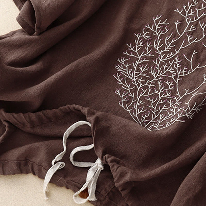Maglietta da donna in cotone e lino con scollo a giro e coulisse, casual, con ricamo Buddha Stones Tree