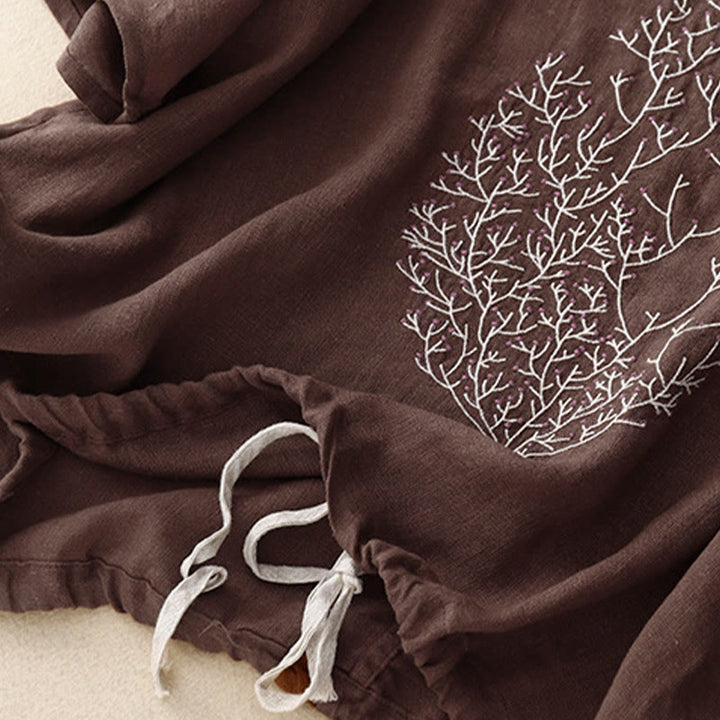 Maglietta da donna in cotone e lino con scollo a giro e coulisse, casual, con ricamo Buddha Stones Tree