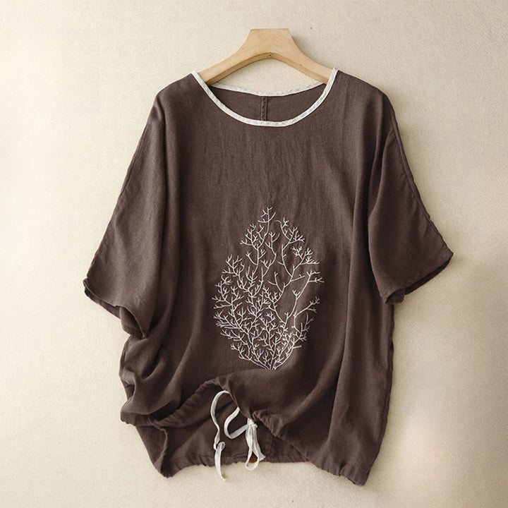 Maglietta da donna in cotone e lino con scollo a giro e coulisse, casual, con ricamo Buddha Stones Tree