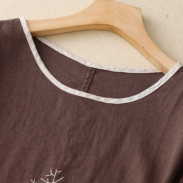 Maglietta da donna in cotone e lino con scollo a giro e coulisse, casual, con ricamo Buddha Stones Tree