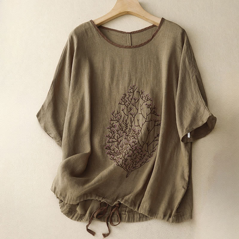 Maglietta da donna in cotone e lino con scollo a giro e coulisse, casual, con ricamo Buddha Stones Tree