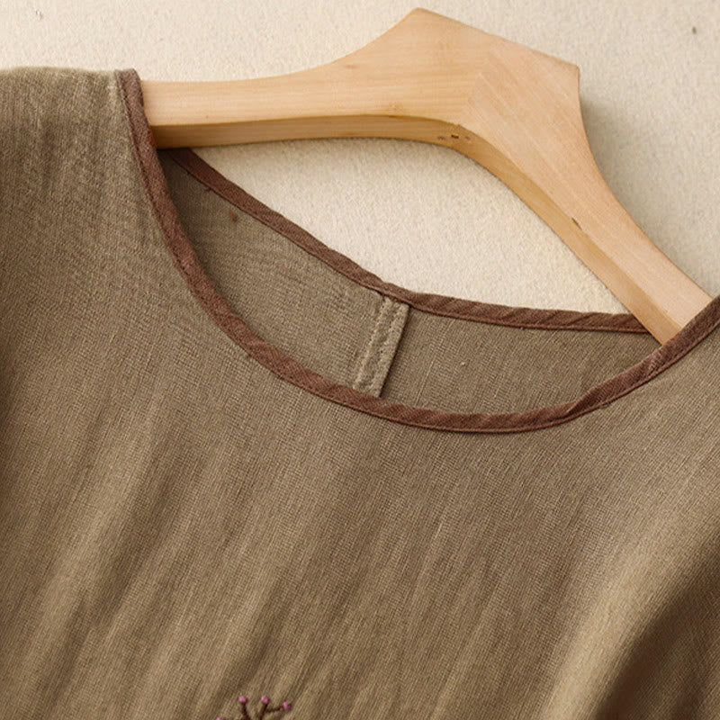 Maglietta da donna in cotone e lino con scollo a giro e coulisse, casual, con ricamo Buddha Stones Tree