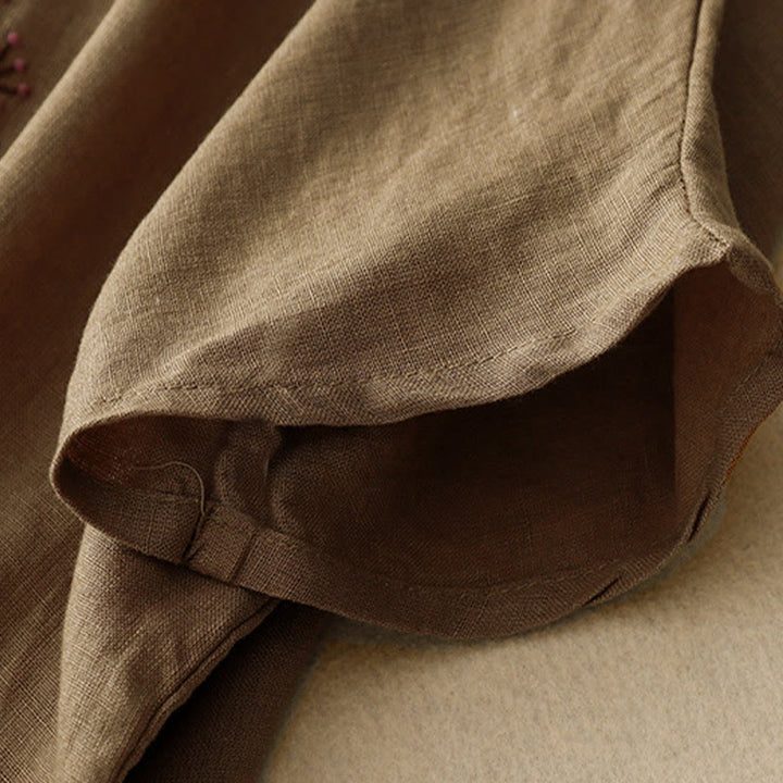 Maglietta da donna in cotone e lino con scollo a giro e coulisse, casual, con ricamo Buddha Stones Tree
