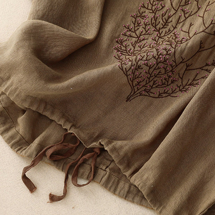 Maglietta da donna in cotone e lino con scollo a giro e coulisse, casual, con ricamo Buddha Stones Tree