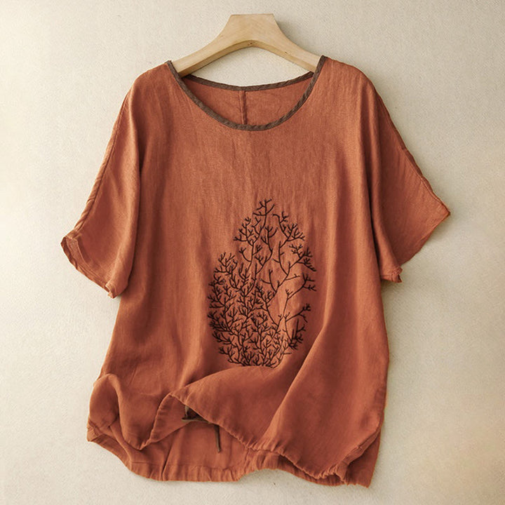Maglietta da donna in cotone e lino con scollo a giro e coulisse, casual, con ricamo Buddha Stones Tree