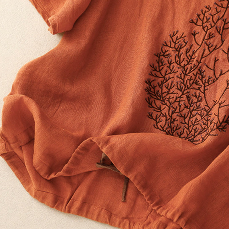 Maglietta da donna in cotone e lino con scollo a giro e coulisse, casual, con ricamo Buddha Stones Tree