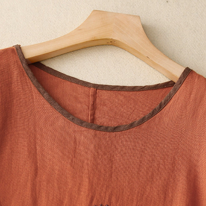 Maglietta da donna in cotone e lino con scollo a giro e coulisse, casual, con ricamo Buddha Stones Tree