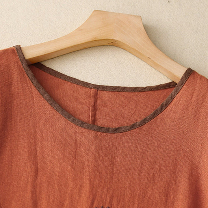 Maglietta da donna in cotone e lino con scollo a giro e coulisse, casual, con ricamo Buddha Stones Tree