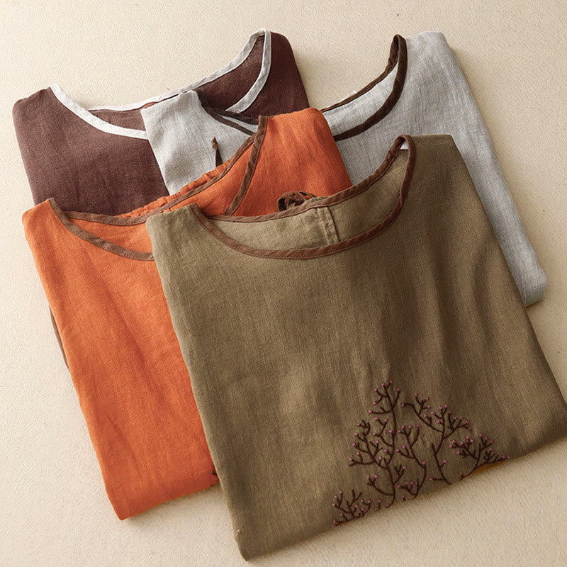 Maglietta da donna in cotone e lino con scollo a giro e coulisse, casual, con ricamo Buddha Stones Tree
