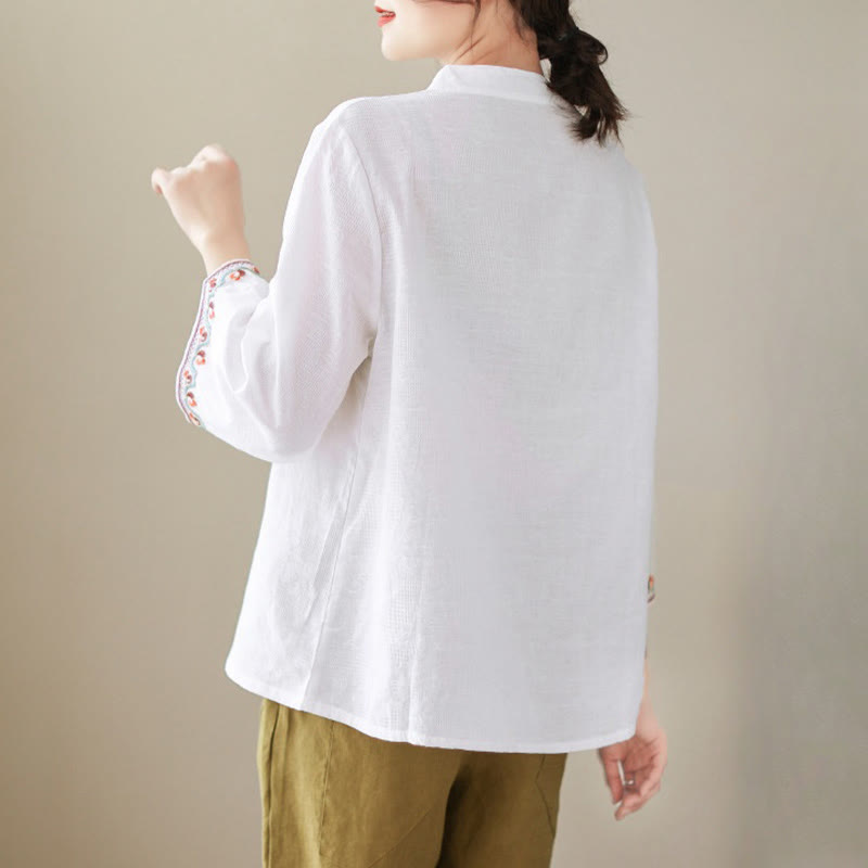 Camicia da donna in cotone e lino con maniche a tre quarti, modello girocollo, in jacquard casual con bottoni a rana e motivo Buddha Stones - image 1