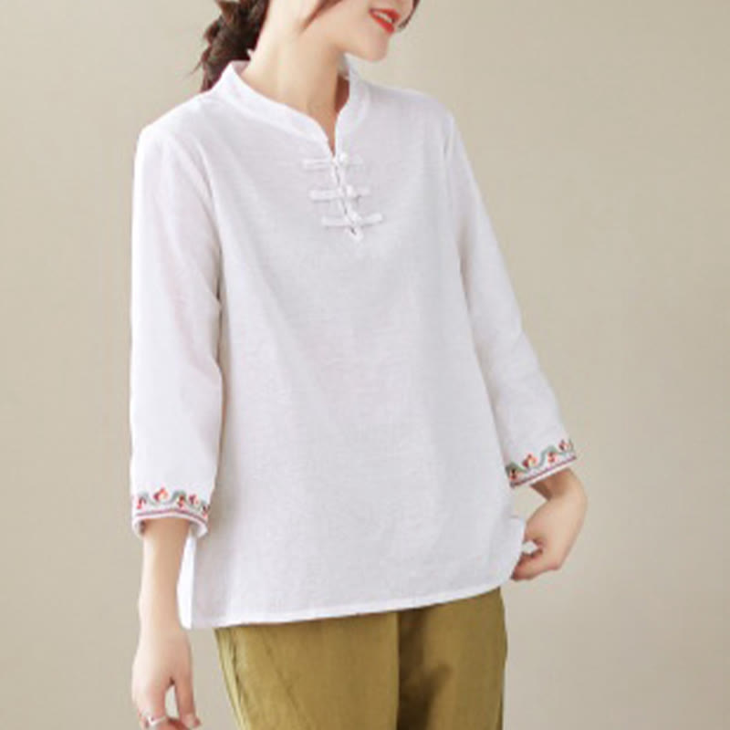 Camicia da donna in cotone e lino con maniche a tre quarti, modello girocollo, in jacquard casual con bottoni a rana e motivo Buddha Stones - image 3