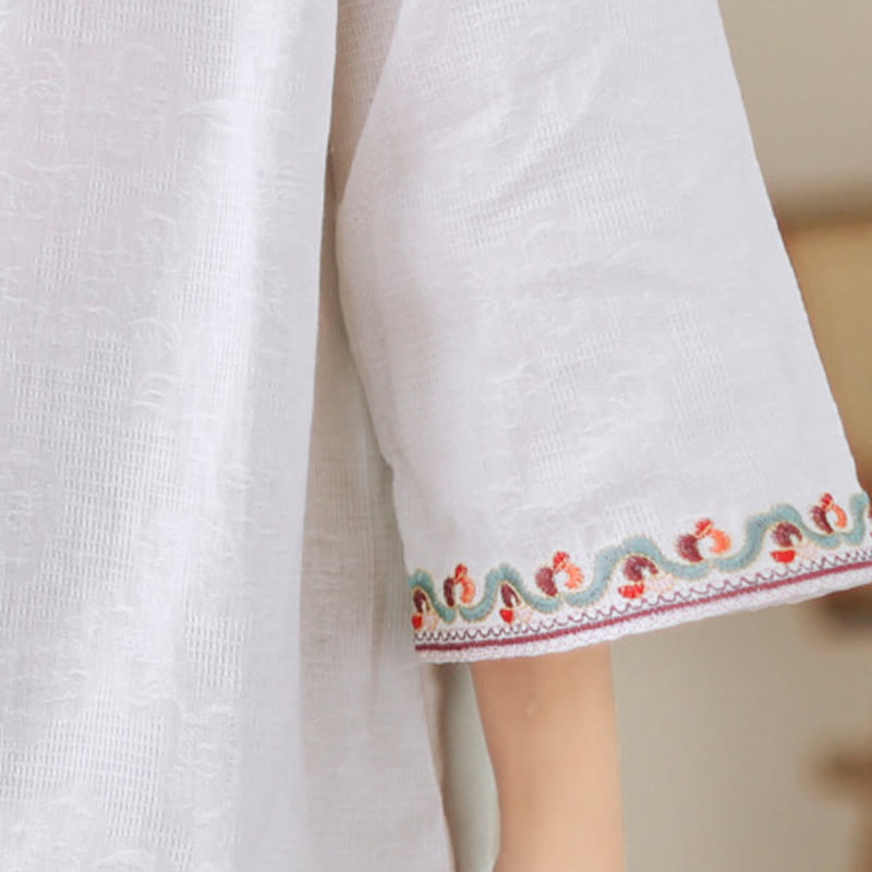 Camicia da donna in cotone e lino con maniche a tre quarti, modello girocollo, in jacquard casual con bottoni a rana e motivo Buddha Stones - image 11