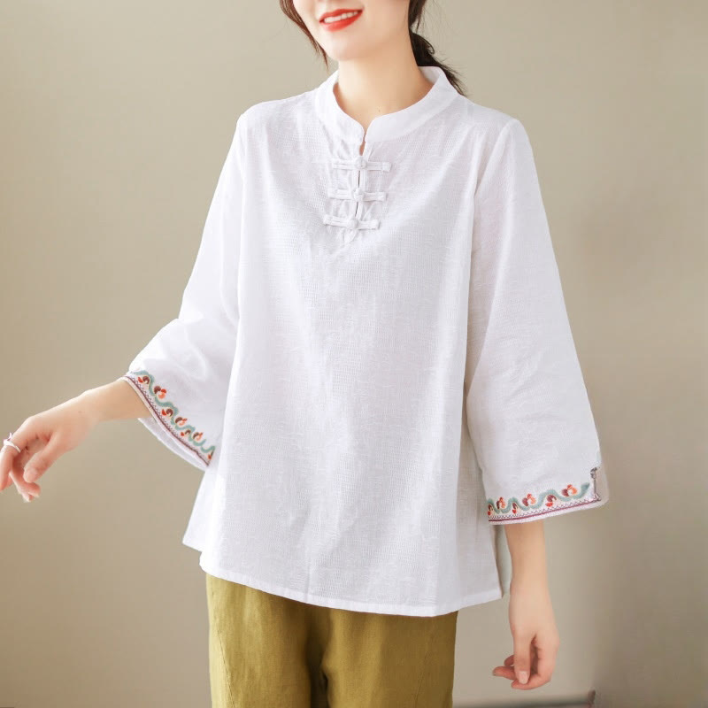 Camicia da donna in cotone e lino con maniche a tre quarti, modello girocollo, in jacquard casual con bottoni a rana e motivo Buddha Stones - Bianco - US8-10, UK/AU12-14, EU40-42 (2XL) - image 0