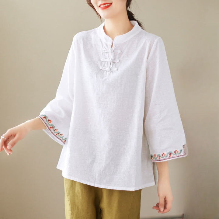 Camicia da donna in cotone e lino con maniche a tre quarti, modello girocollo, in jacquard casual con bottoni a rana e motivo Buddha Stones - Bianco - US8-10, UK/AU12-14, EU40-42 (2XL) - image 0