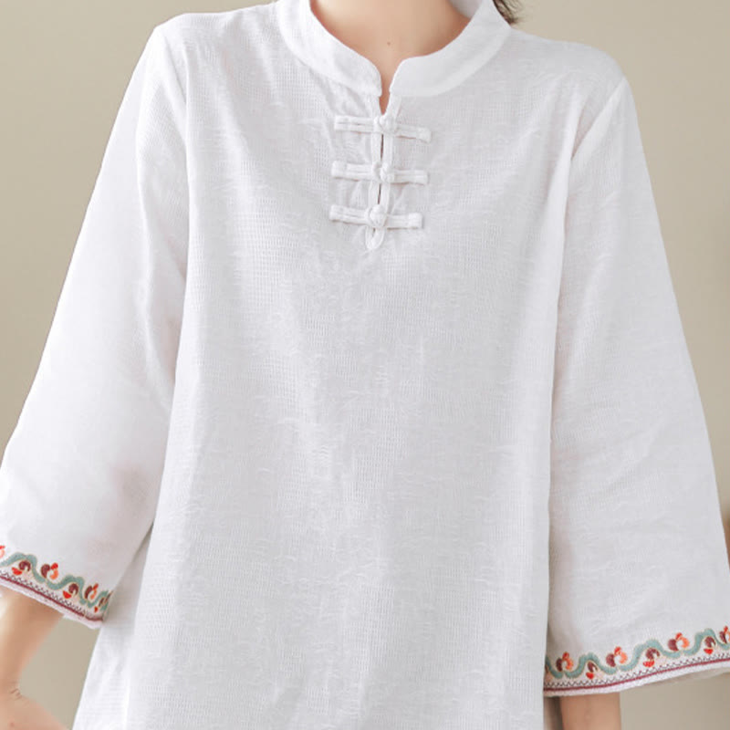 Camicia da donna in cotone e lino con maniche a tre quarti, modello girocollo, in jacquard casual con bottoni a rana e motivo Buddha Stones - image 6