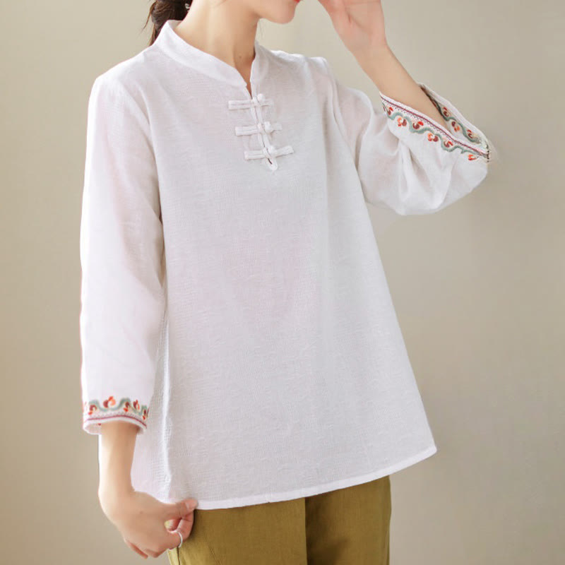 Camicia da donna in cotone e lino con maniche a tre quarti, modello girocollo, in jacquard casual con bottoni a rana e motivo Buddha Stones - image 9