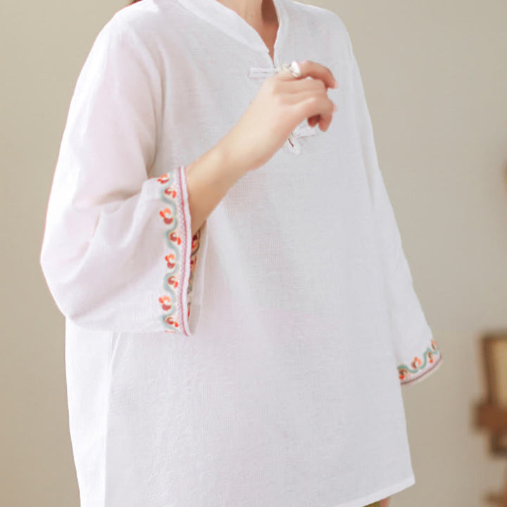 Camicia da donna in cotone e lino con maniche a tre quarti, modello girocollo, in jacquard casual con bottoni a rana e motivo Buddha Stones - image 2