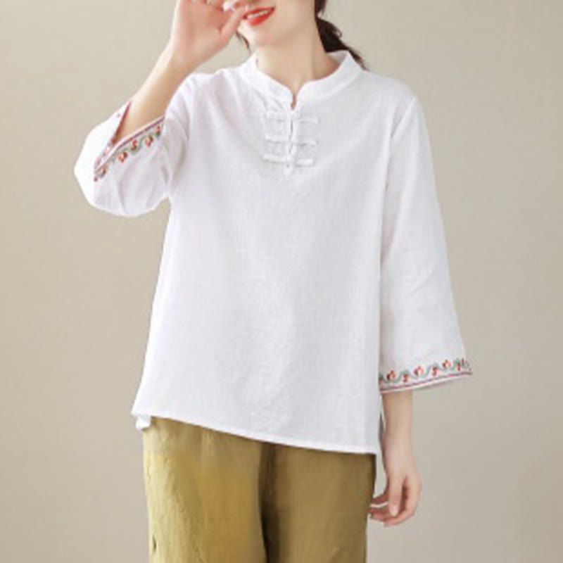 Camicia da donna in cotone e lino con maniche a tre quarti, modello girocollo, in jacquard casual con bottoni a rana e motivo Buddha Stones - image 8