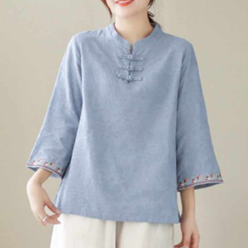 Camicia da donna in cotone e lino con maniche a tre quarti, modello girocollo, in jacquard casual con bottoni a rana e motivo Buddha Stones - image 14