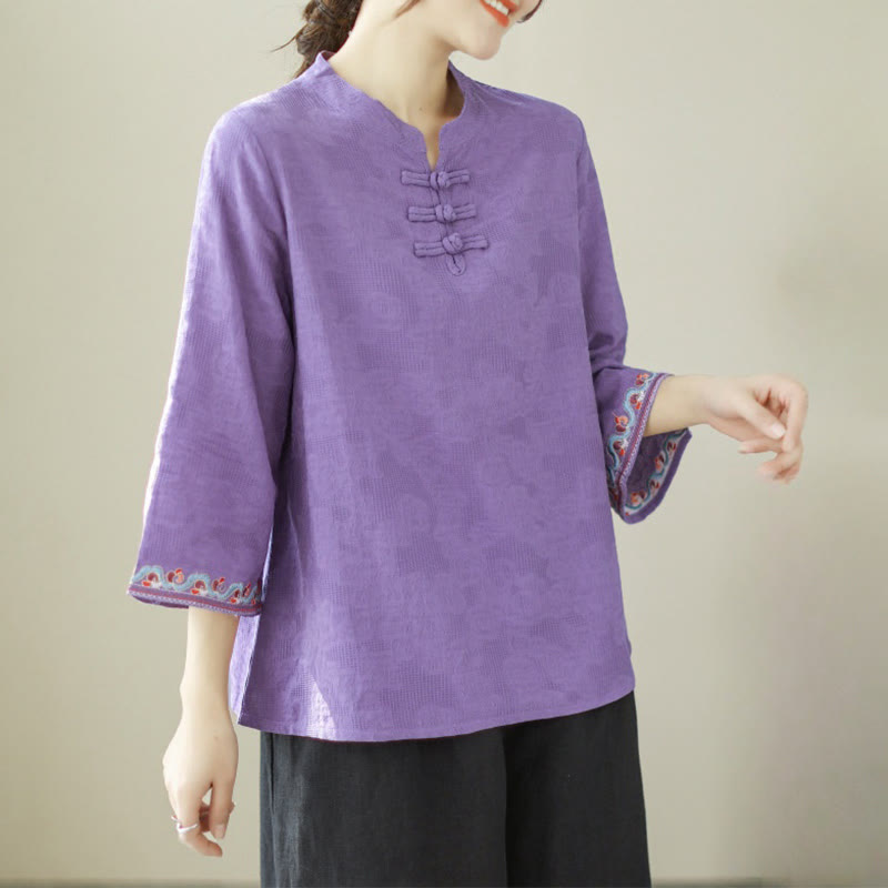 Camicia da donna in cotone e lino con maniche a tre quarti, modello girocollo, in jacquard casual con bottoni a rana e motivo Buddha Stones - BluViola - US8-10, UK/AU12-14, EU40-42 (2XL) - image 20