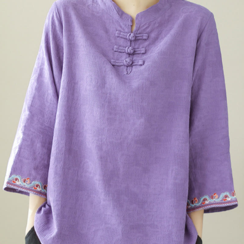 Camicia da donna in cotone e lino con maniche a tre quarti, modello girocollo, in jacquard casual con bottoni a rana e motivo Buddha Stones - image 26