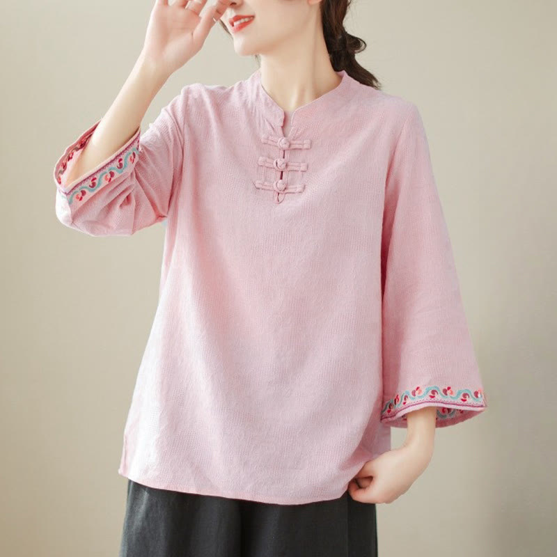 Camicia da donna in cotone e lino con maniche a tre quarti, modello girocollo, in jacquard casual con bottoni a rana e motivo Buddha Stones - Rosa - US8-10, UK/AU12-14, EU40-42 (2XL) - image 27