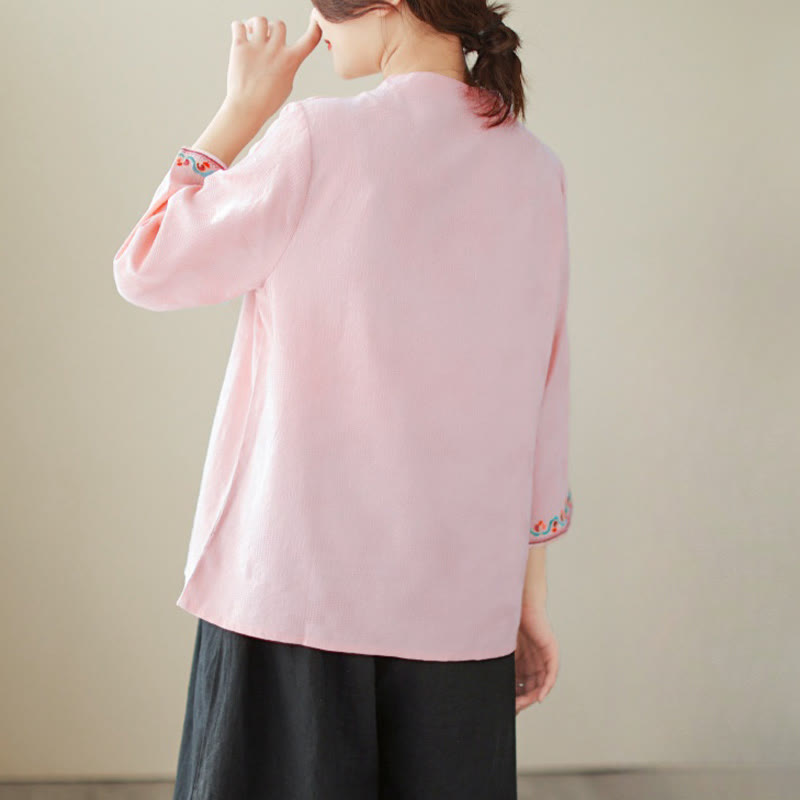 Camicia da donna in cotone e lino con maniche a tre quarti, modello girocollo, in jacquard casual con bottoni a rana e motivo Buddha Stones - image 29