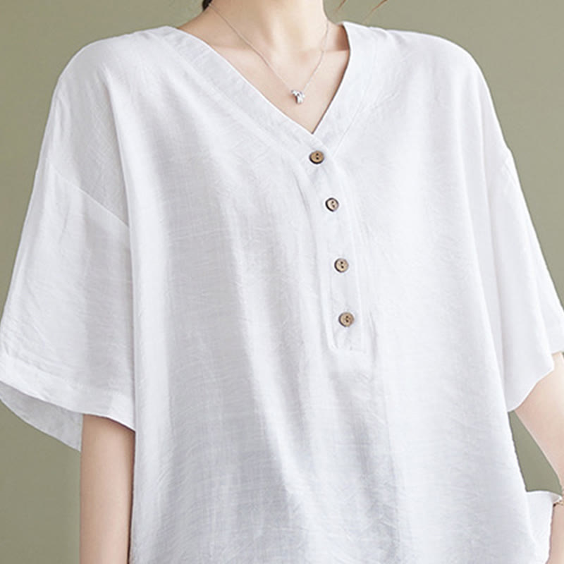 Camicia in viscosa a mezza manica con scollo a V e design casual semplice da donna Buddha Stones