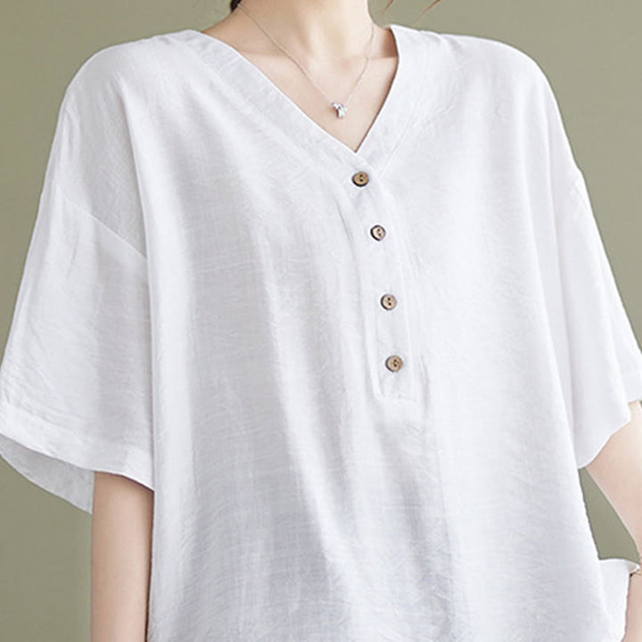 Camicia in viscosa a mezza manica con scollo a V e design casual semplice da donna Buddha Stones