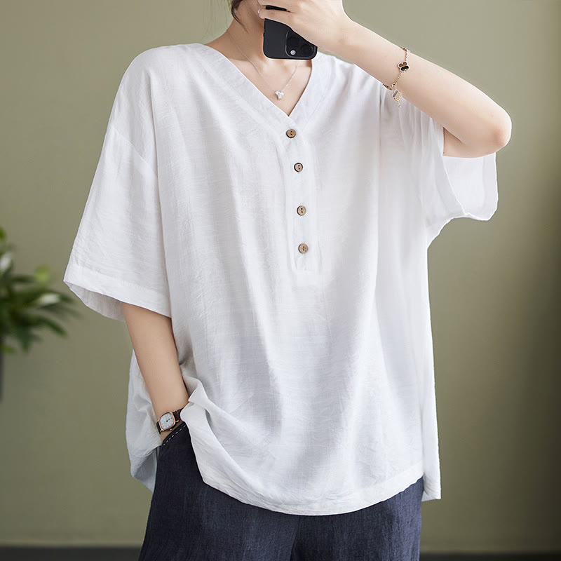 Camicia in viscosa a mezza manica con scollo a V e design casual semplice da donna Buddha Stones