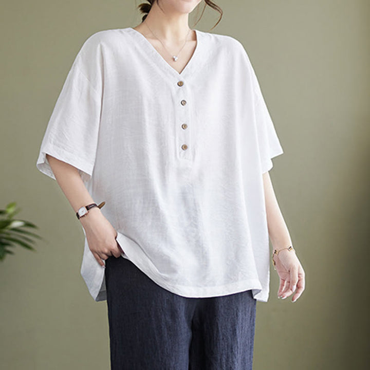 Camicia in viscosa a mezza manica con scollo a V e design casual semplice da donna Buddha Stones