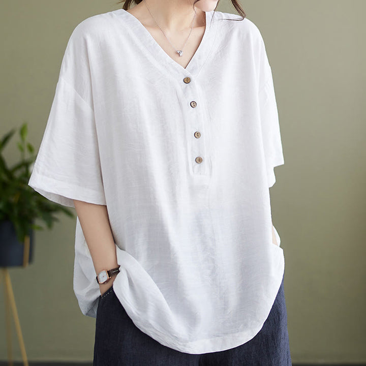 Camicia in viscosa a mezza manica con scollo a V e design casual semplice da donna Buddha Stones