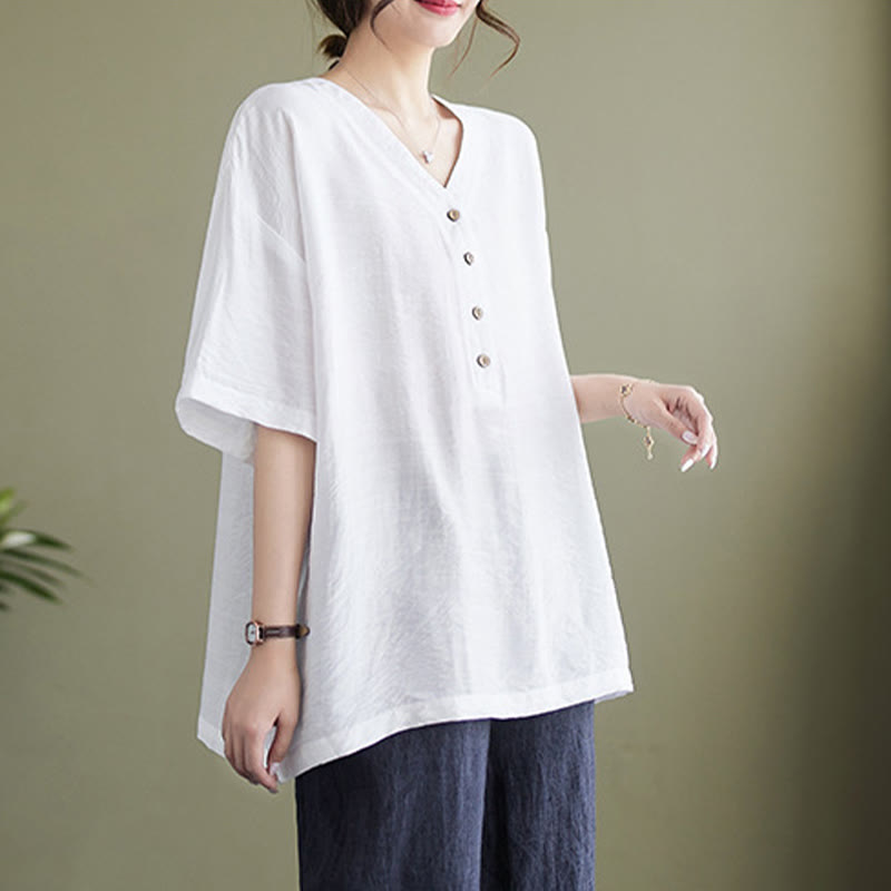 Camicia in viscosa a mezza manica con scollo a V e design casual semplice da donna Buddha Stones