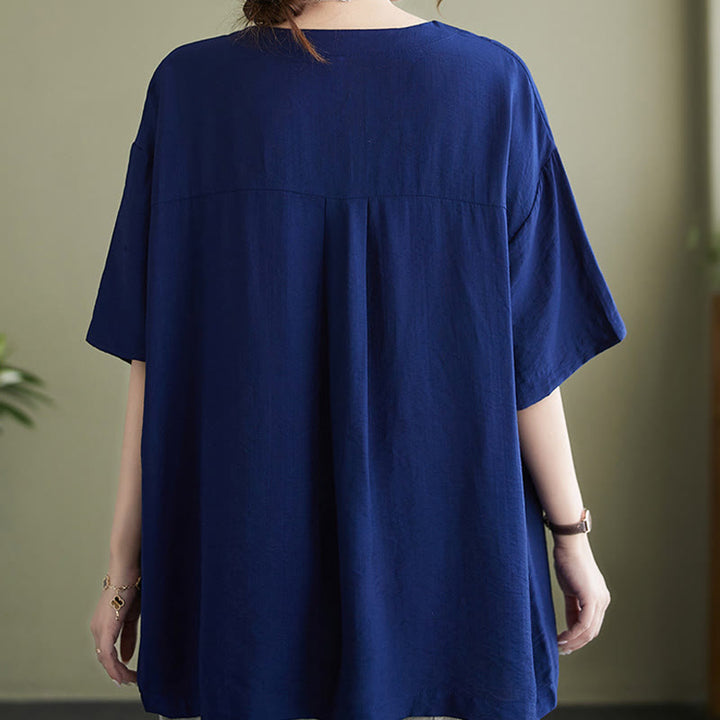 Camicia in viscosa a mezza manica con scollo a V e design casual semplice da donna Buddha Stones