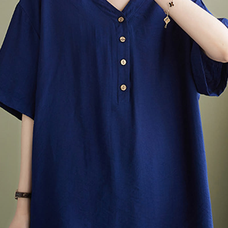 Camicia in viscosa a mezza manica con scollo a V e design casual semplice da donna Buddha Stones