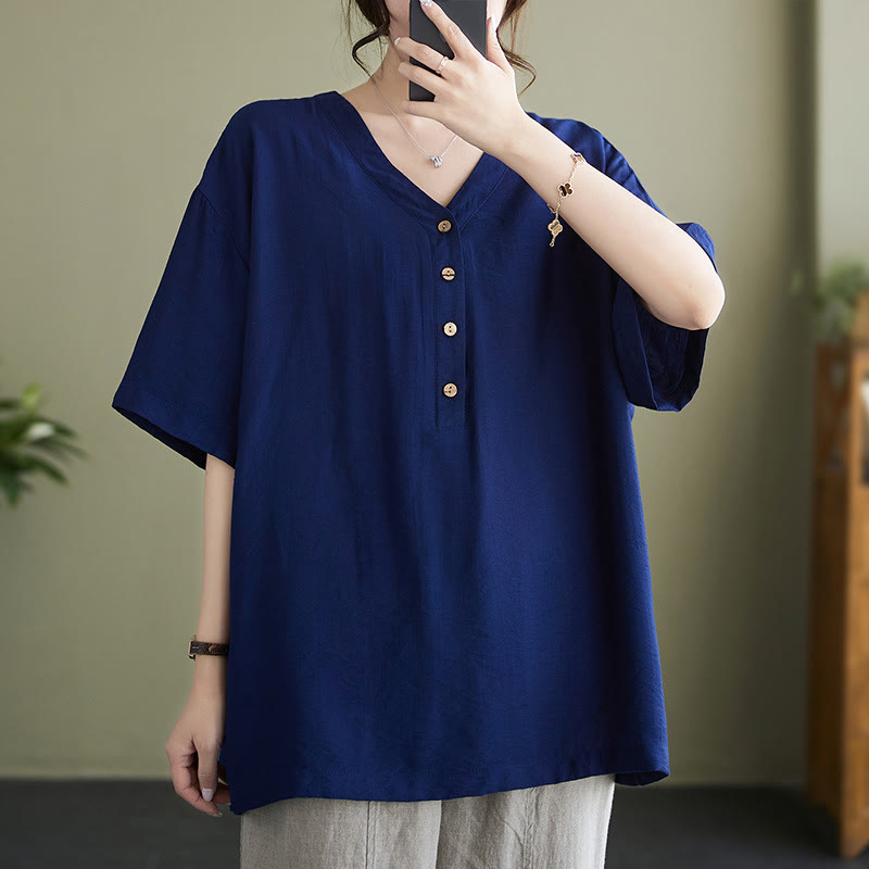 Camicia in viscosa a mezza manica con scollo a V e design casual semplice da donna Buddha Stones