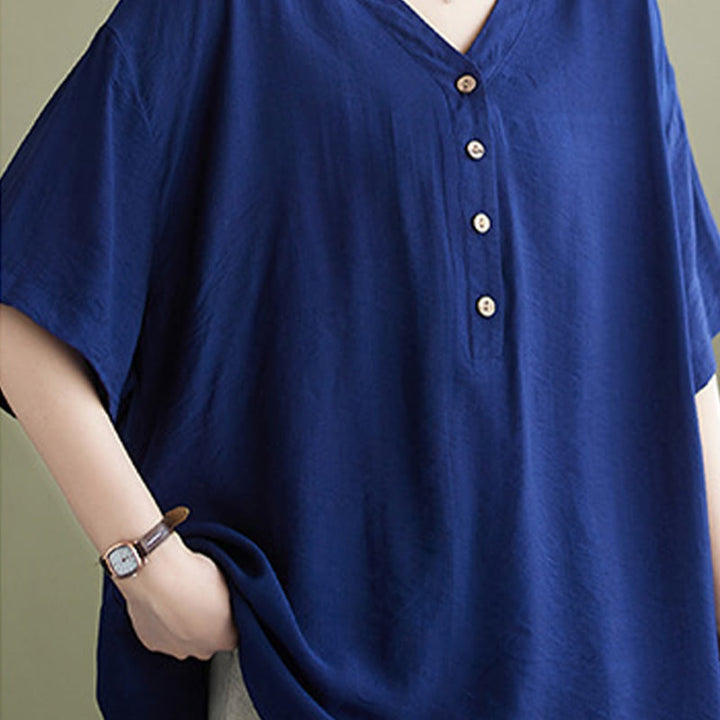 Camicia in viscosa a mezza manica con scollo a V e design casual semplice da donna Buddha Stones