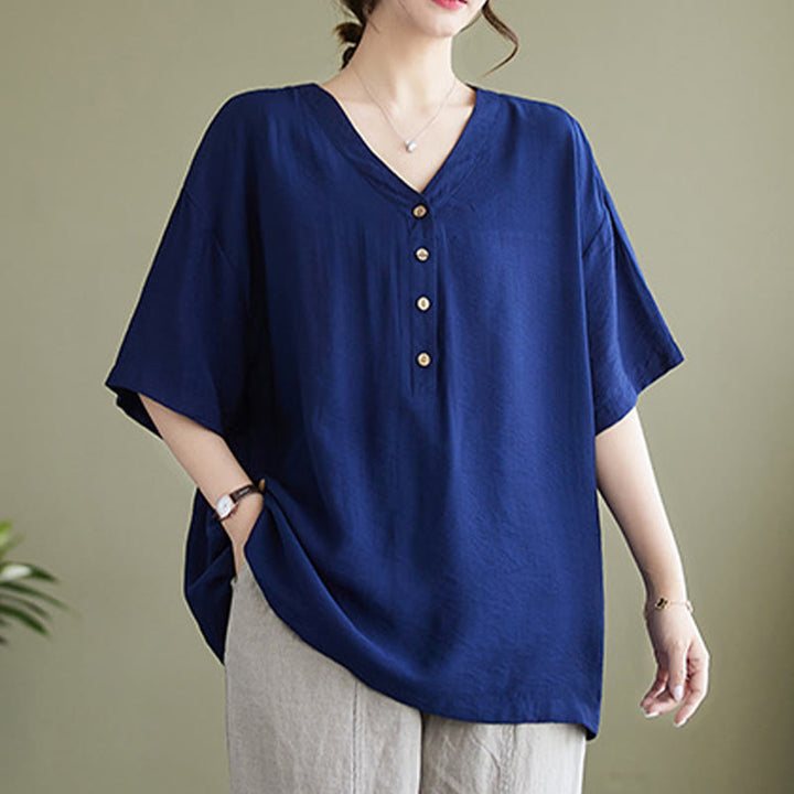 Camicia in viscosa a mezza manica con scollo a V e design casual semplice da donna Buddha Stones
