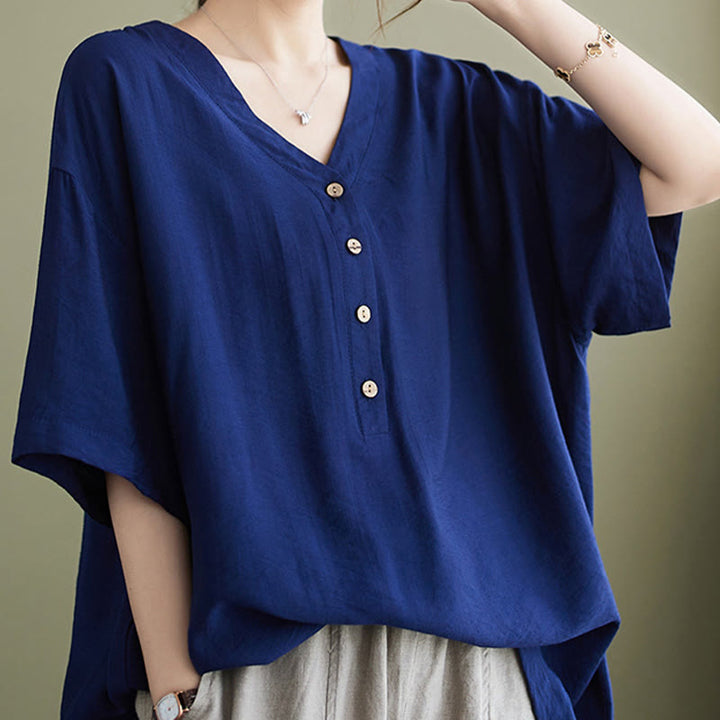 Camicia in viscosa a mezza manica con scollo a V e design casual semplice da donna Buddha Stones