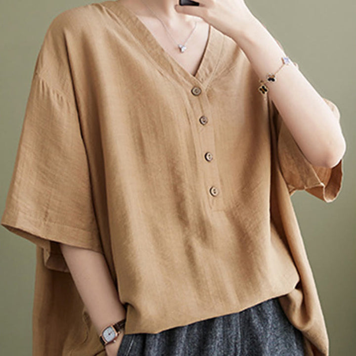 Camicia in viscosa a mezza manica con scollo a V e design casual semplice da donna Buddha Stones