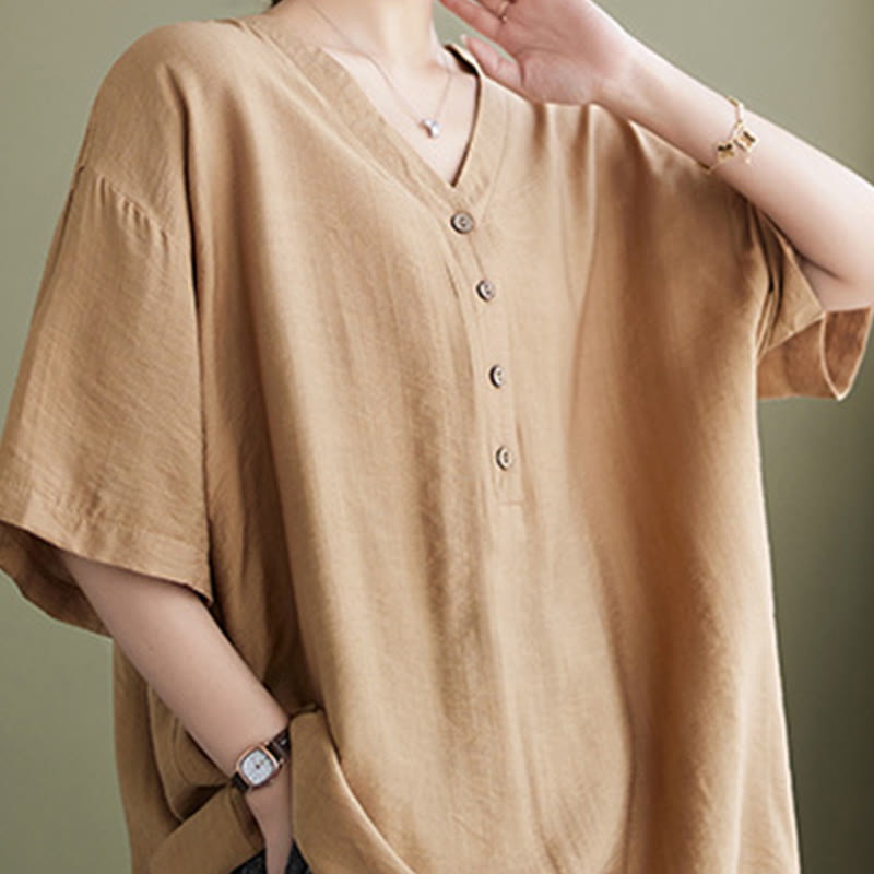 Camicia in viscosa a mezza manica con scollo a V e design casual semplice da donna Buddha Stones