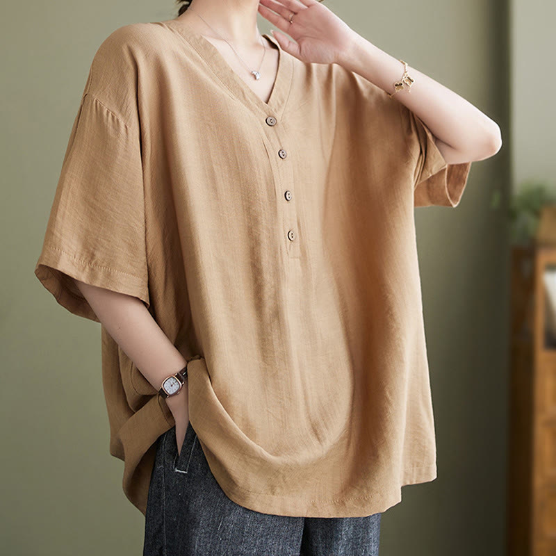 Camicia in viscosa a mezza manica con scollo a V e design casual semplice da donna Buddha Stones