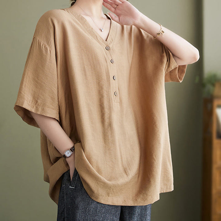 Camicia in viscosa a mezza manica con scollo a V e design casual semplice da donna Buddha Stones
